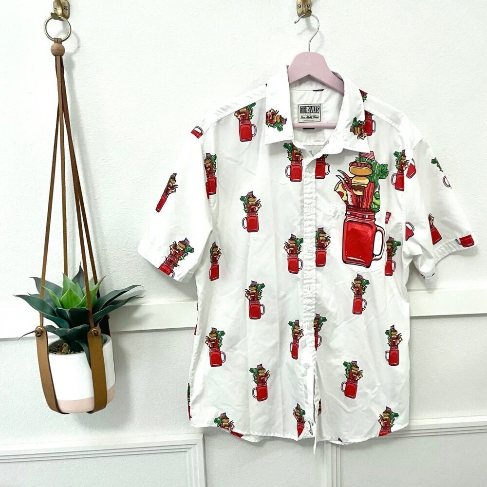 RSVLTS Sunday Bloody Mary Funday Button Front White Shirt Size L